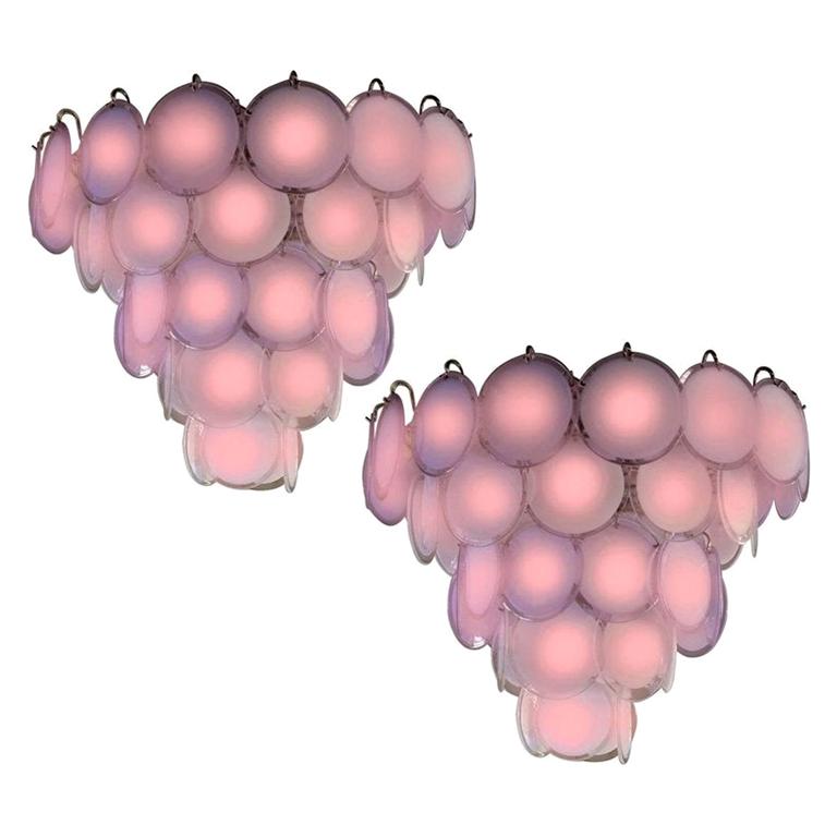 Pair of Pink Amethyst Murano Disc Chandelier, 1970s For Sale