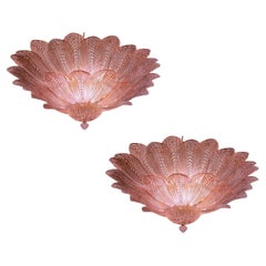  Paire de plafonniers ou lustres en verre de Murano rose et améthyste