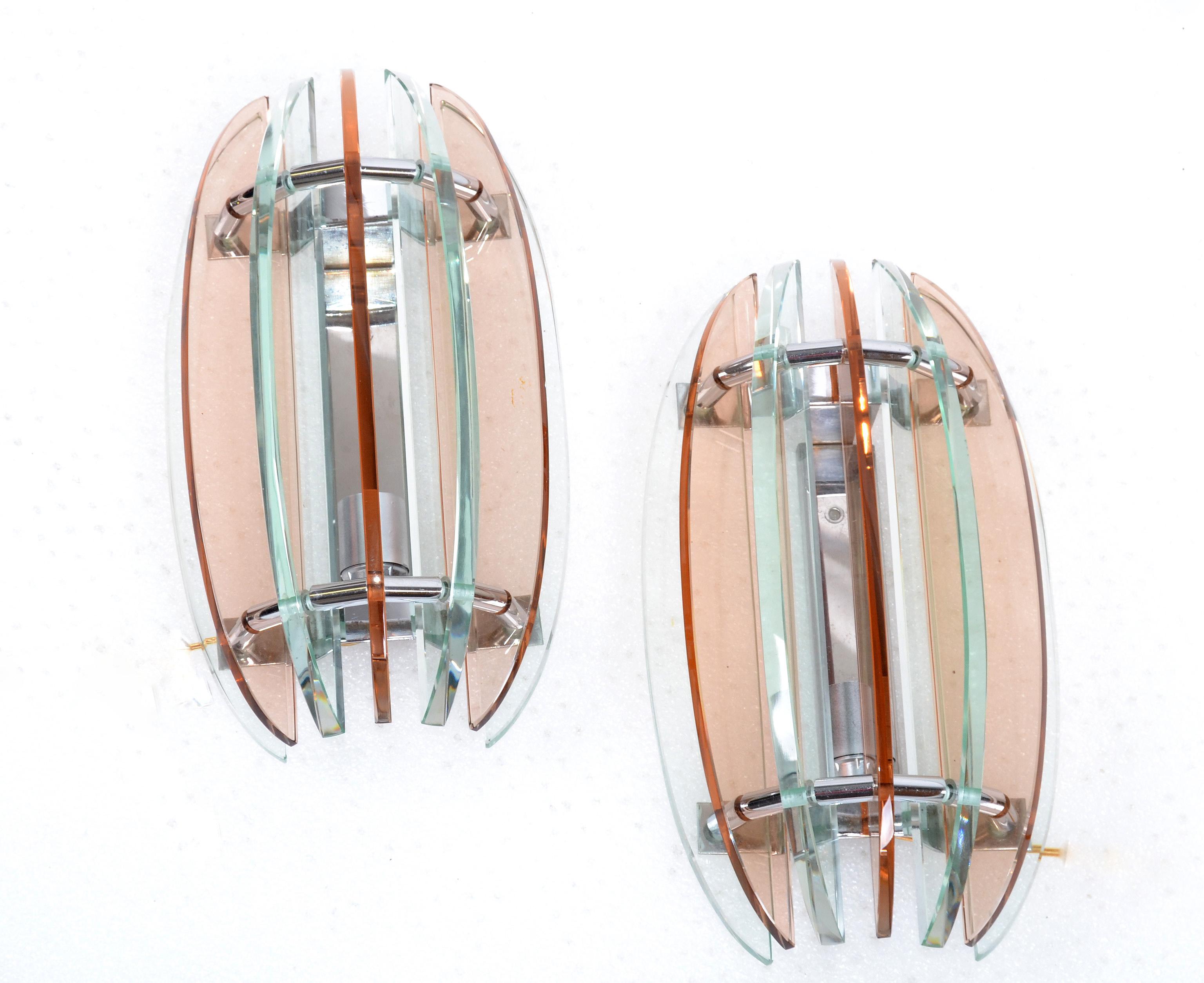Pair of  Pink And Clear Glass Sconces by Veca Italy In Good Condition In Miami, FL