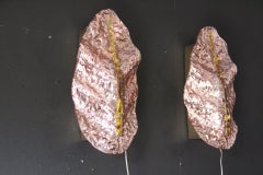 Pair of Pink and Golden Murano Glass Sconces, Leaf Shape Wall Lights