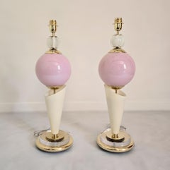 Pair of pink and ivory Murano glass lamps