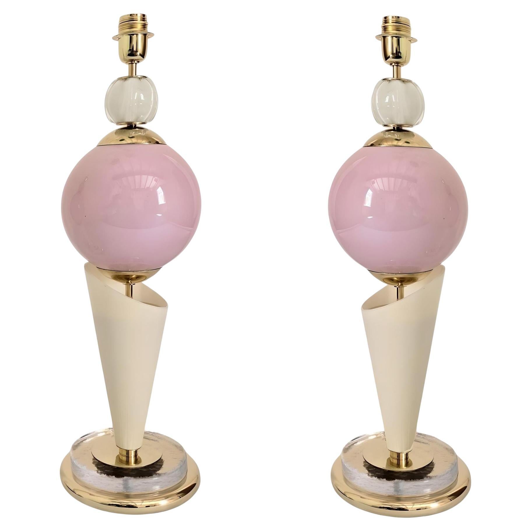 Pair of pink and ivory Murano glass lamps