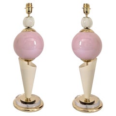 Pair of pink and ivory Murano glass lamps
