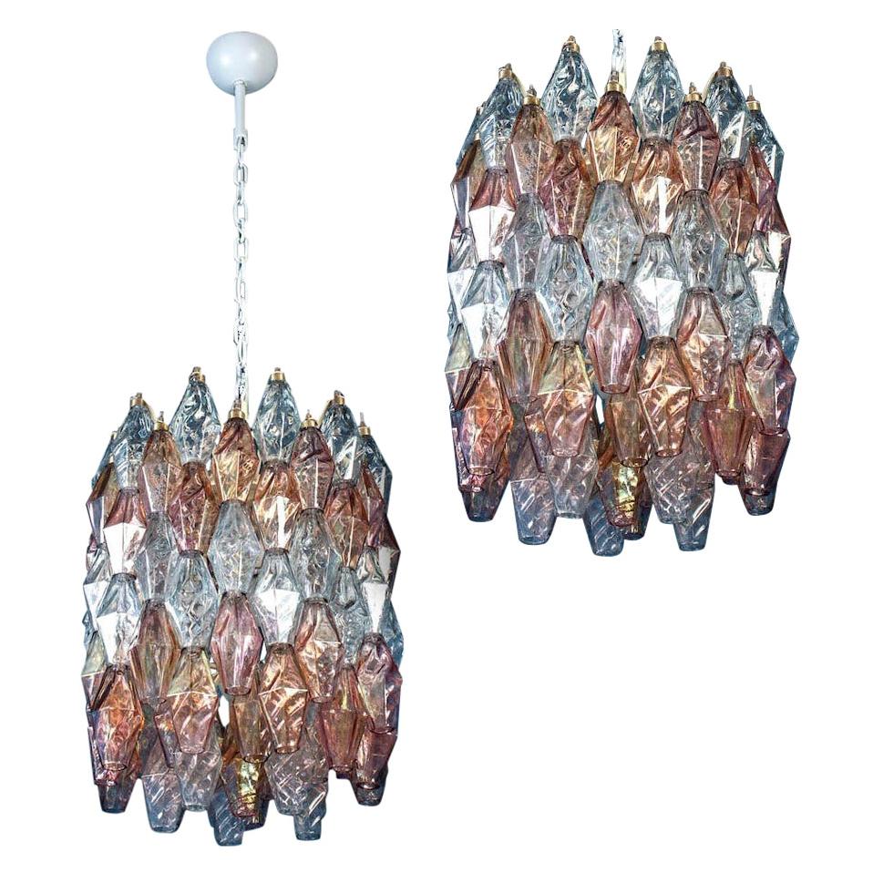 Pair of Pink and Light Blu Poliedri Chandelier C. Scarpa Venini Variation, 1970' For Sale