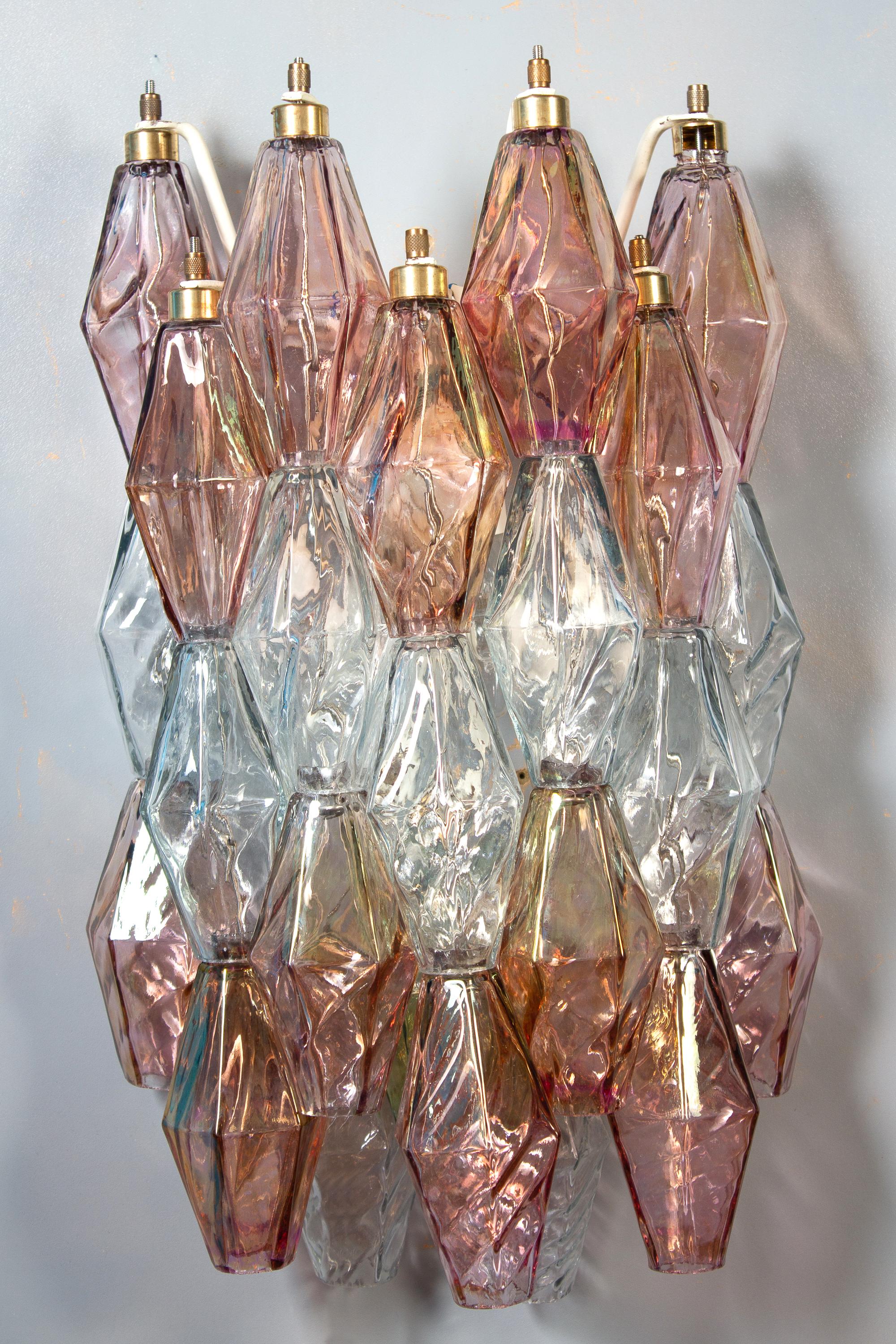 Pair of Pink and Light Blu Poliedri Chandelier C. Scarpa Venini Variation, 1970' For Sale 7