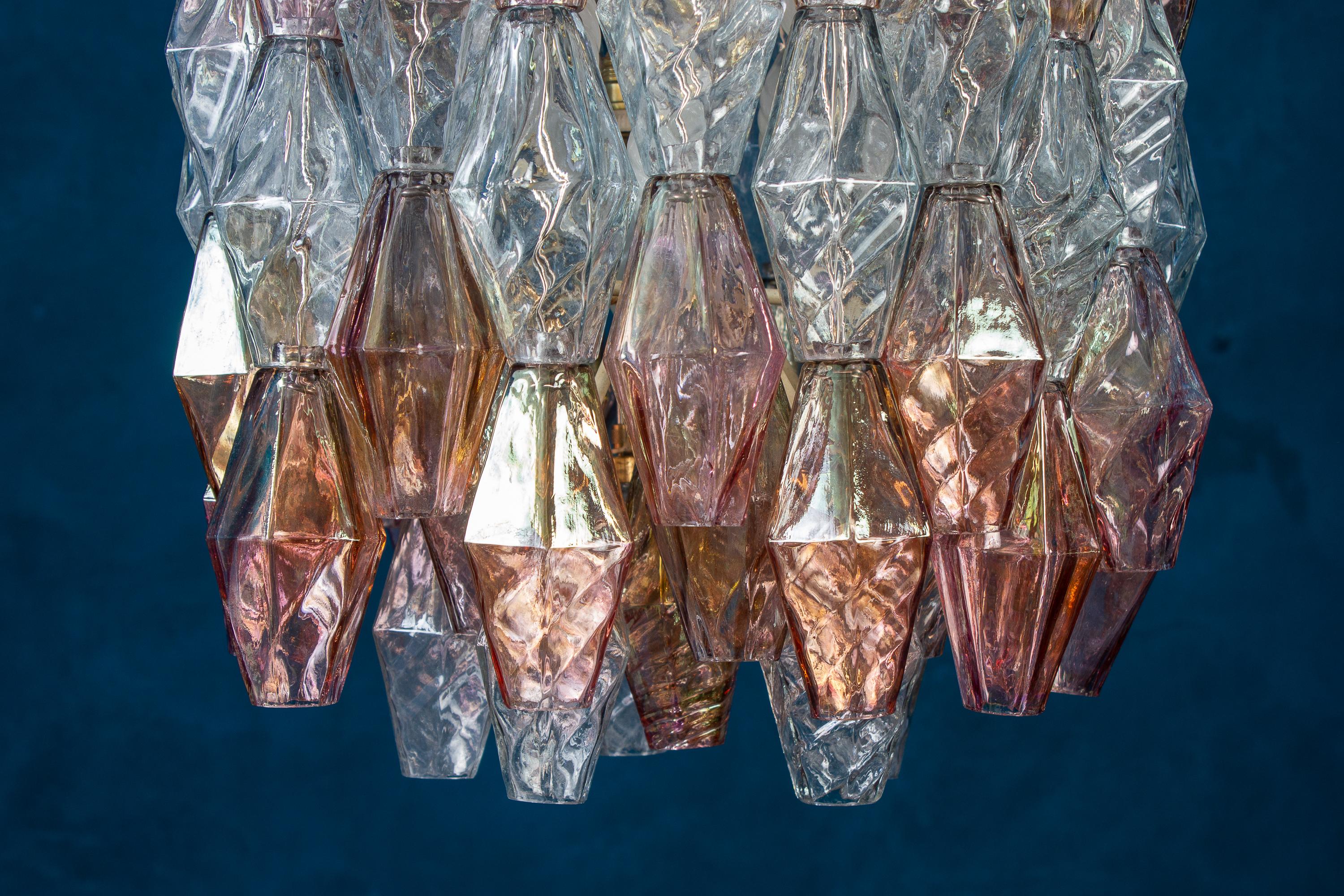 Pair of Pink and Light Blu Poliedri Chandelier C. Scarpa Venini Variation, 1970' In Excellent Condition For Sale In Rome, IT