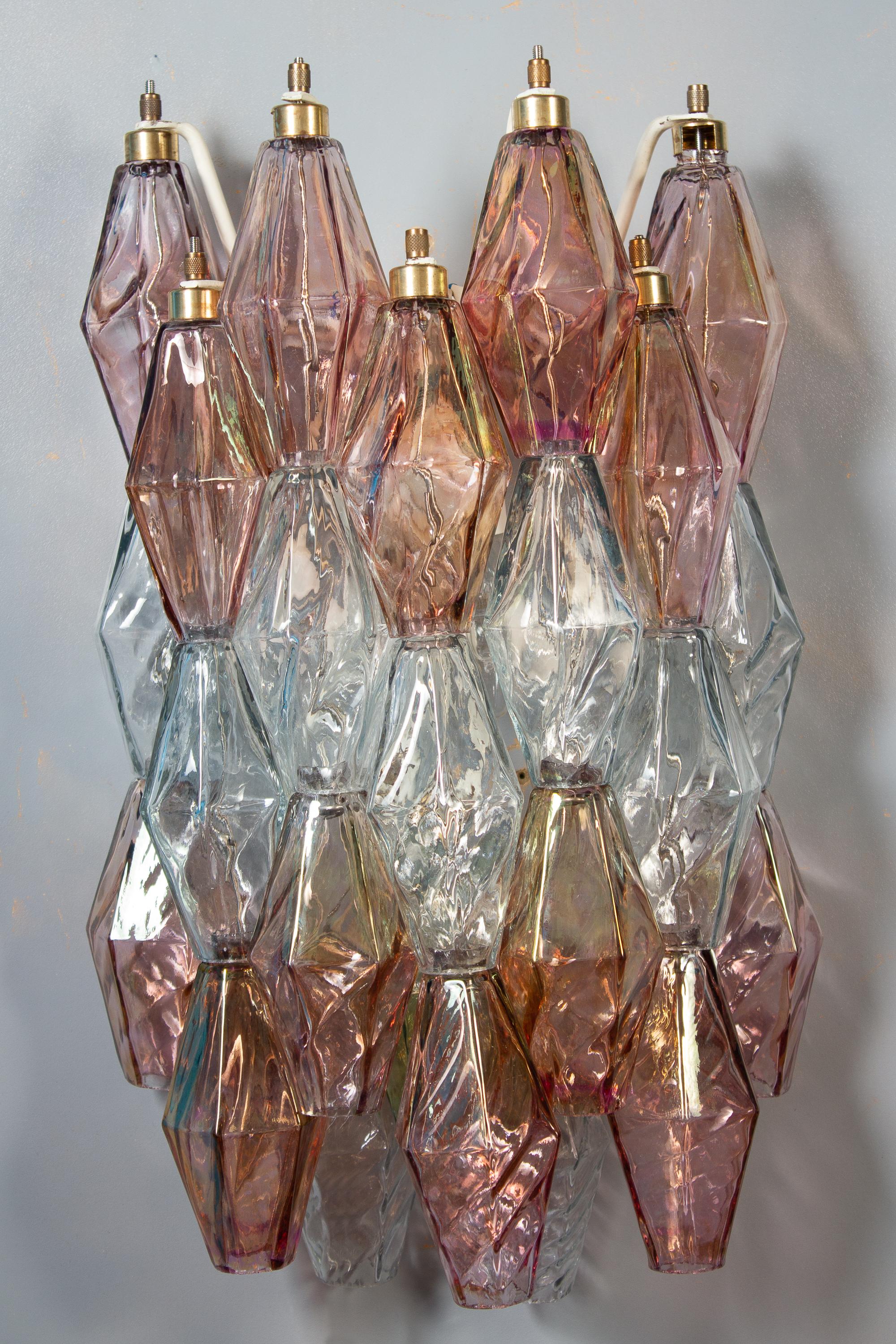 Blown Glass Pair of Pink and Light Blu Poliedri Sconces Carlo Scarpa Venini Variation, 1980'