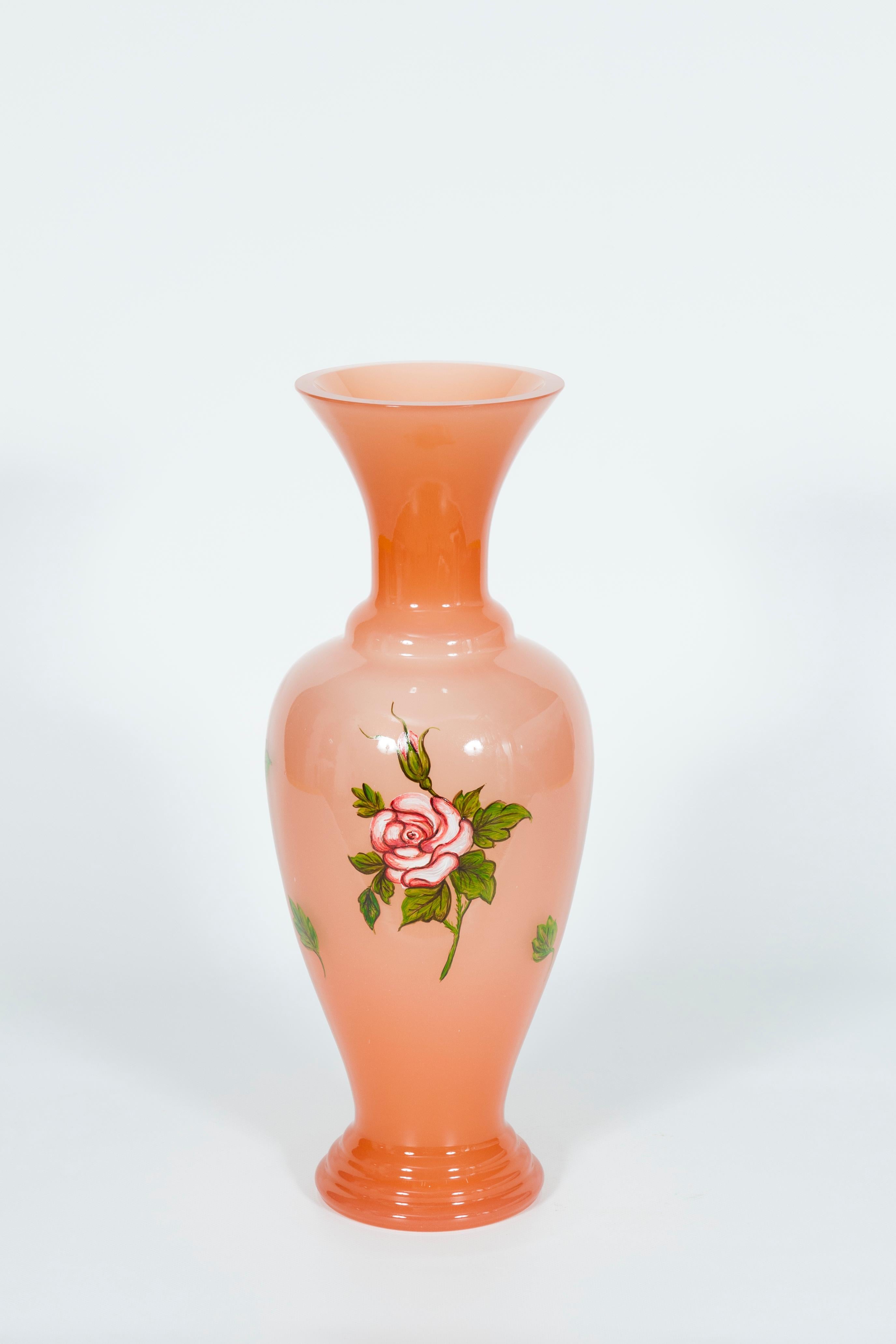 Pair of Pink and Red Murano Glass Floral Vases Art Painting, 1990s, Italy For Sale 7