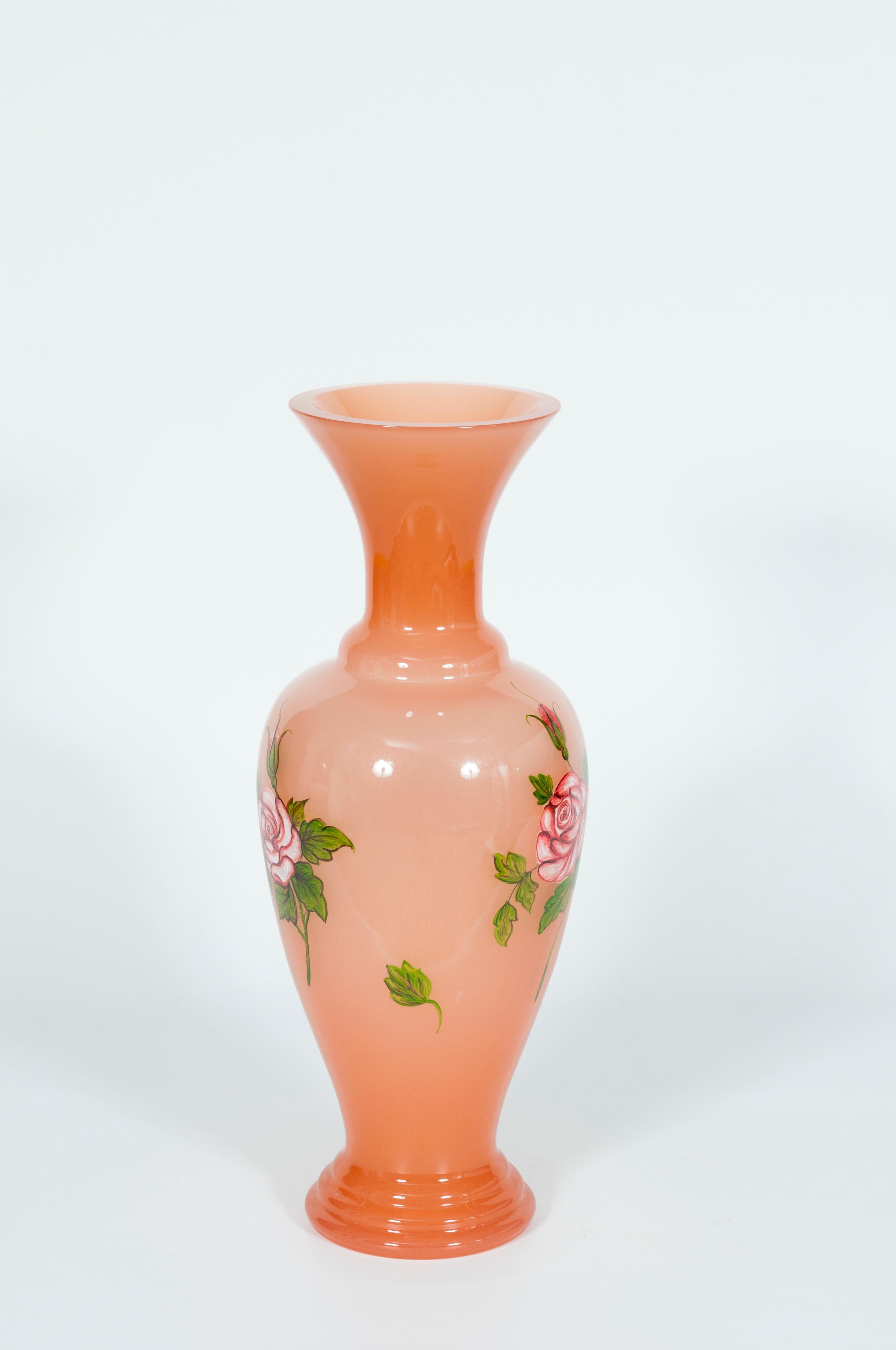 Pair of Pink and Red Murano Glass Floral Vases Art Painting, 1990s, Italy For Sale 9