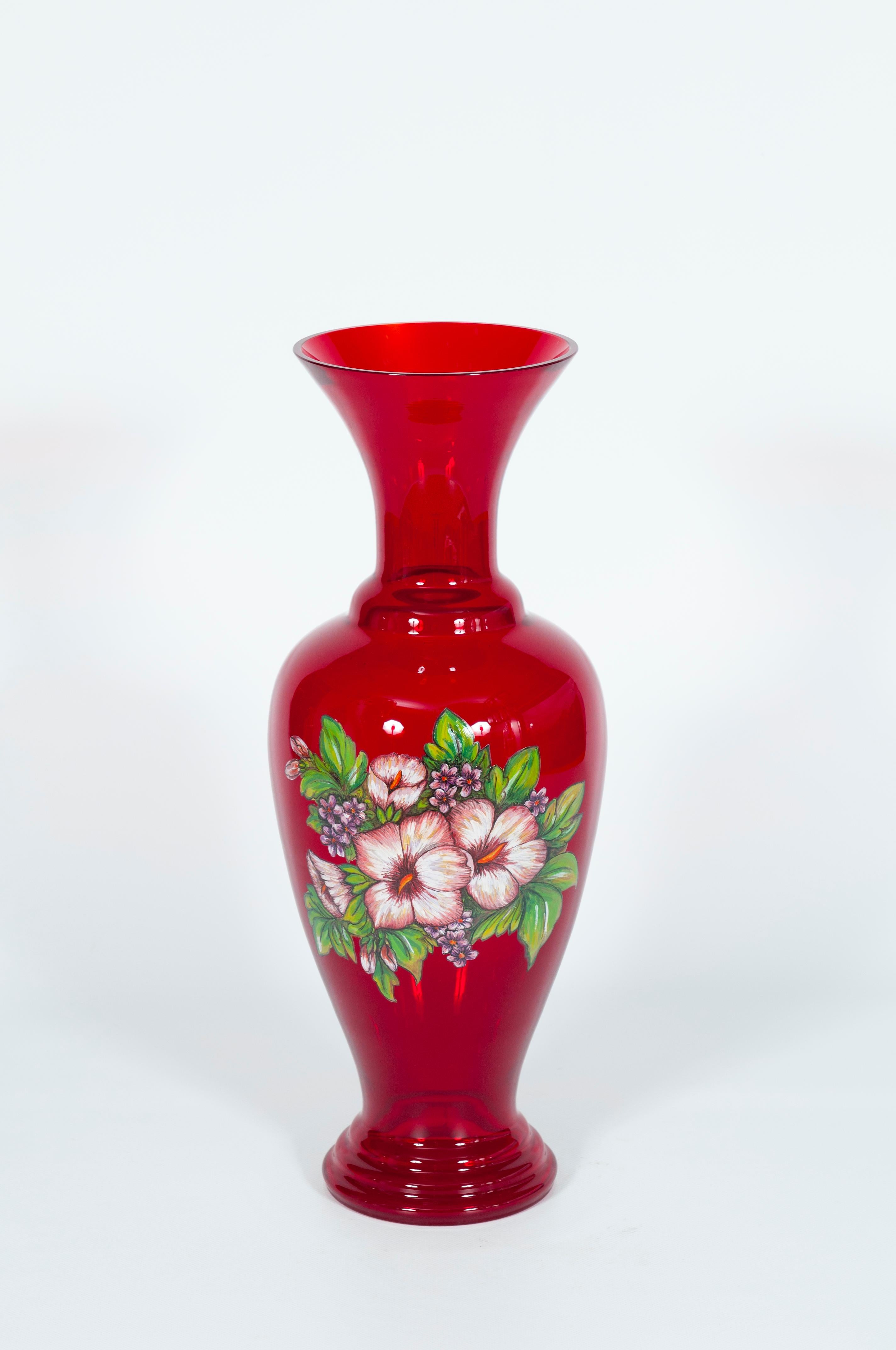 Pareja de jarrones florales de cristal de Murano rosa y rojo Pintura artística, años 90, Italia Art Decó en venta
