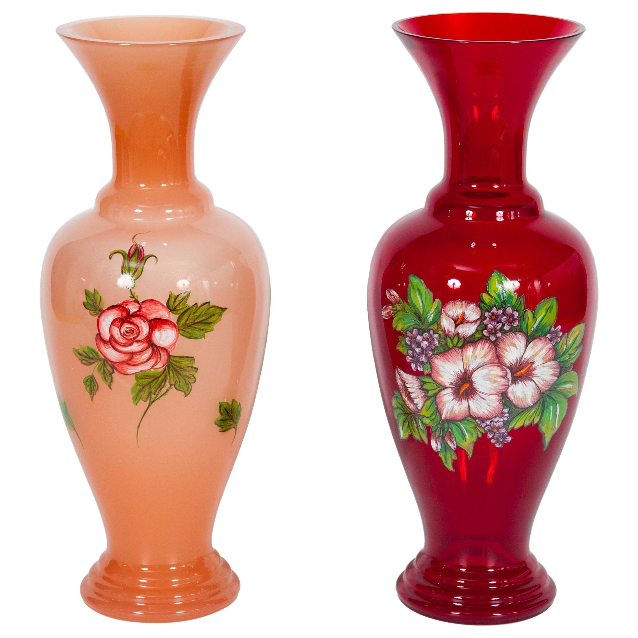 Pair of Pink and Red Murano Glass Floral Vases Art Painting, 1990s, Italy For Sale