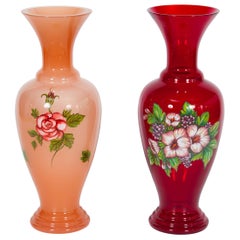 Coppia di vasi floreali in vetro di Murano rosa e rosso Pittura d'arte, anni '90, Italia