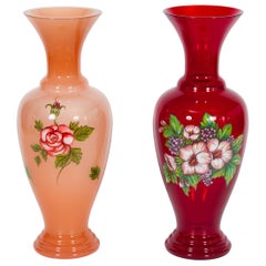 Vintage Pair of Pink and Red Murano Glass Floral Vases Art Painting, 1990s, Italy