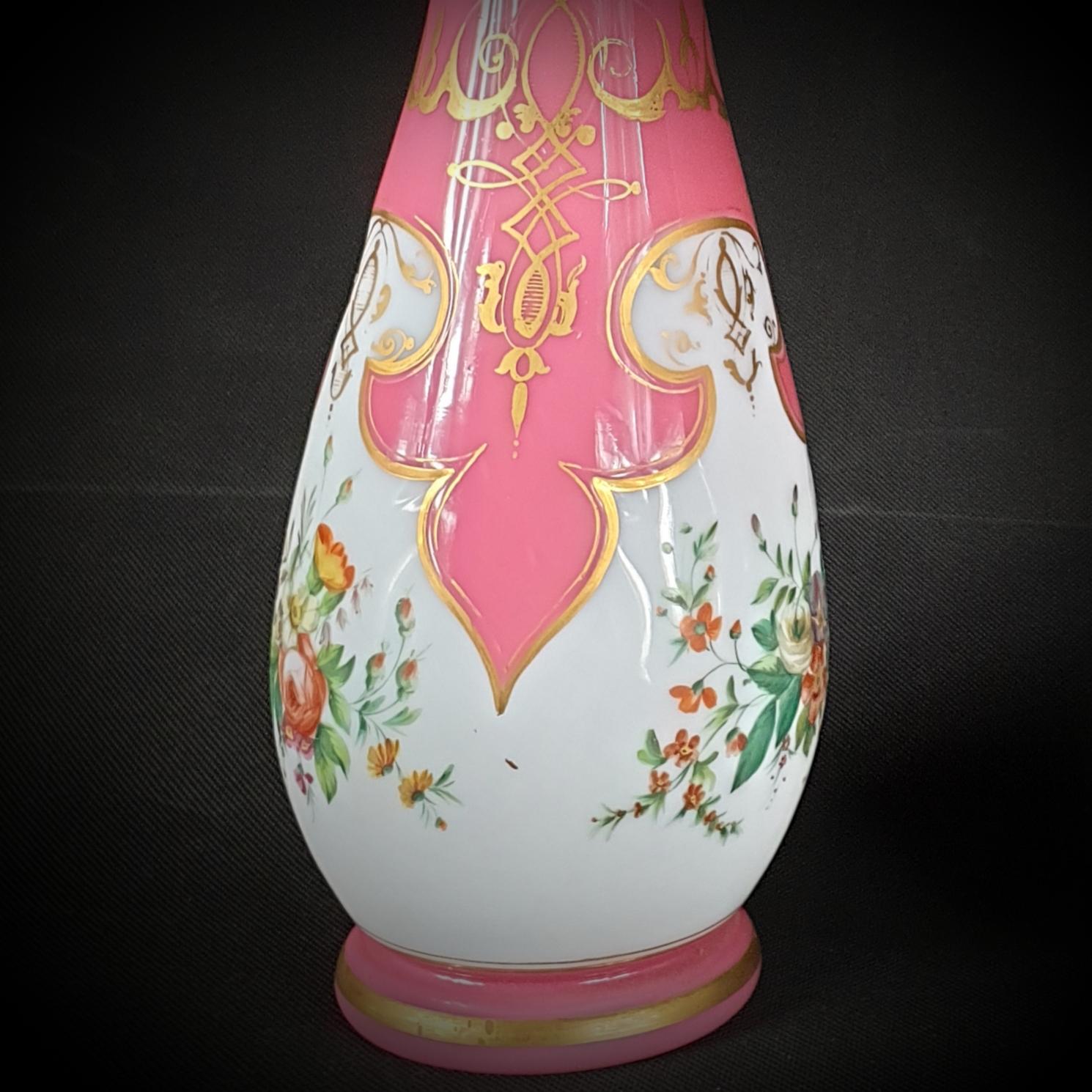 French Pair of Pink and White Opaline Glass Urns Gilded and Painted with Flowers For Sale