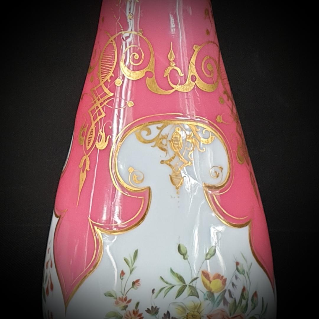 Hand-Carved Pair of Pink and White Opaline Glass Urns Gilded and Painted with Flowers For Sale