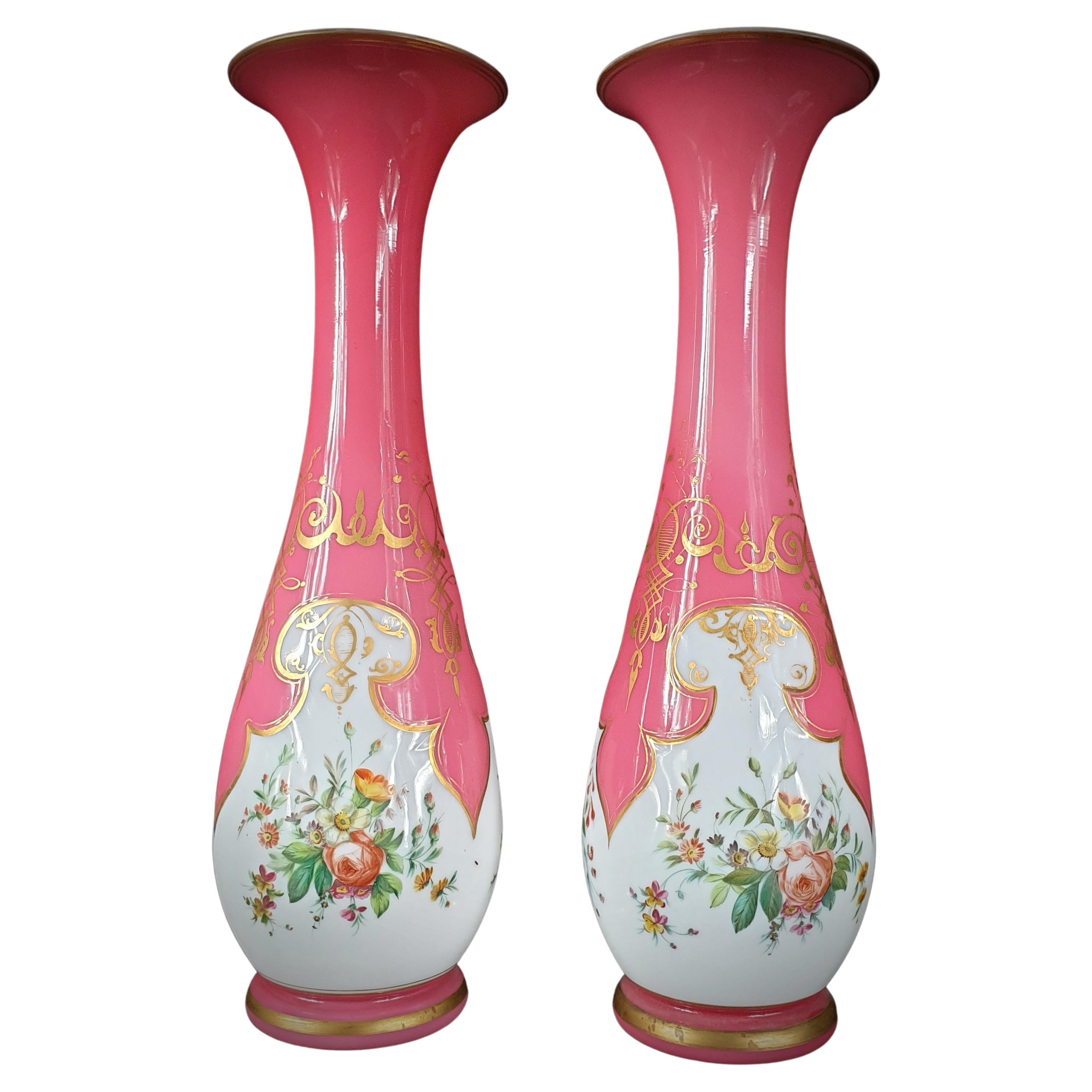 Pair of Pink and White Opaline Glass Urns Gilded and Painted with Flowers For Sale