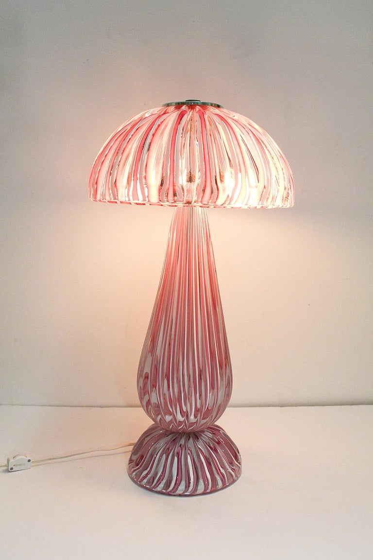 Pair of Pink and White Vetrarti Murano Glass Lamps, Circa 1980 For Sale 6