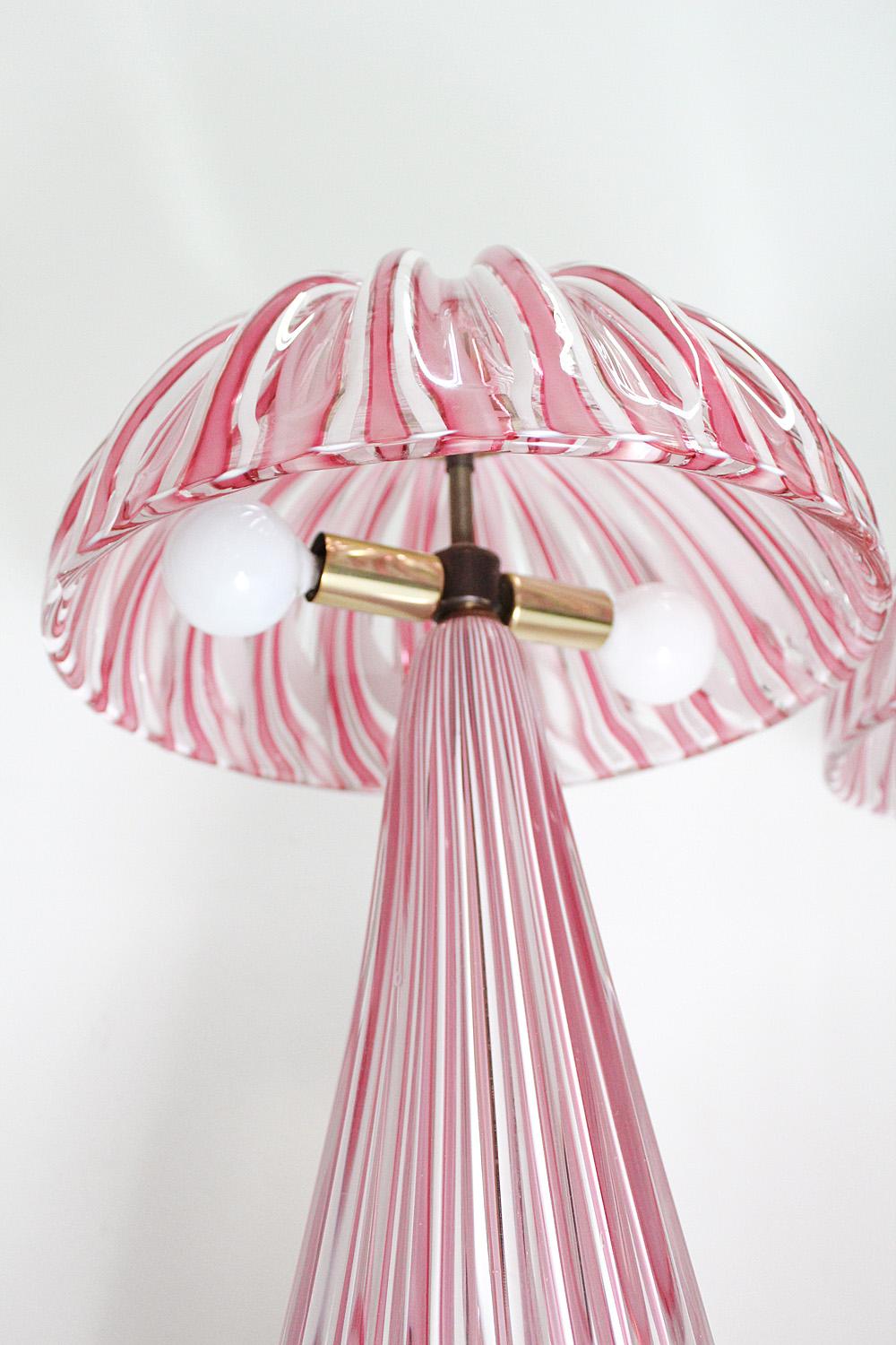 Italian Pair of Pink and White Vetrarti Murano Glass Lamps, Circa 1980 For Sale