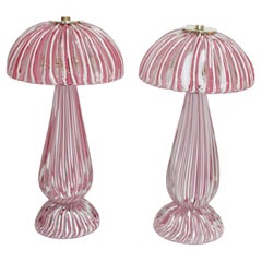 Pair of Pink and White Vetrarti Murano Glass Lamps, Circa 1980