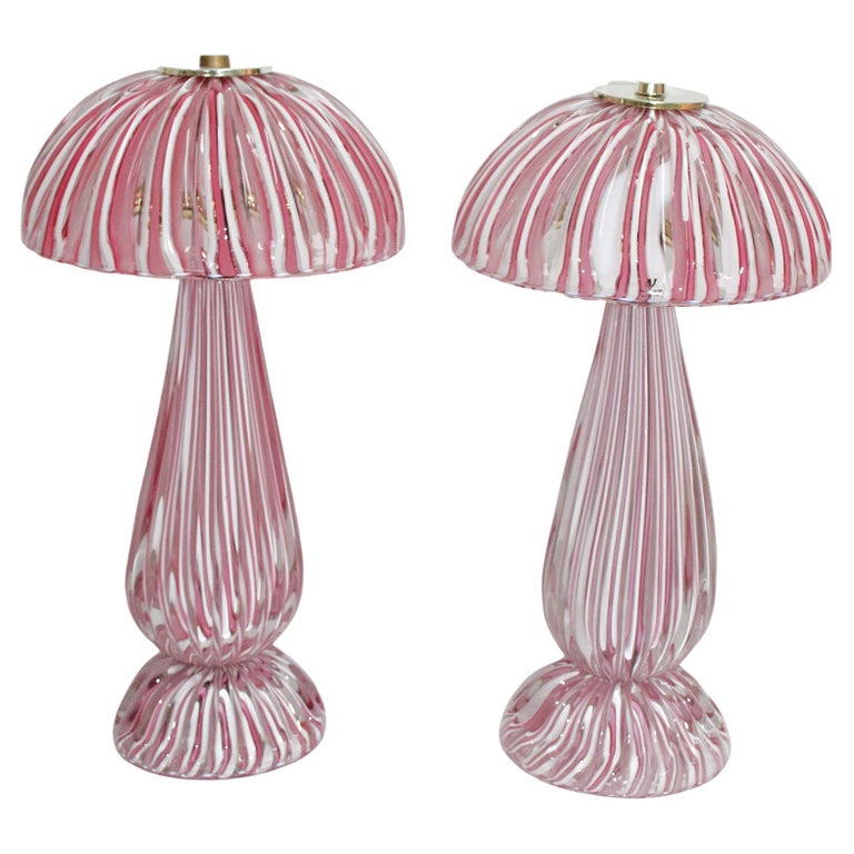 Pair of Pink and White Vetrarti Murano Glass Lamps, Circa 1980 For Sale