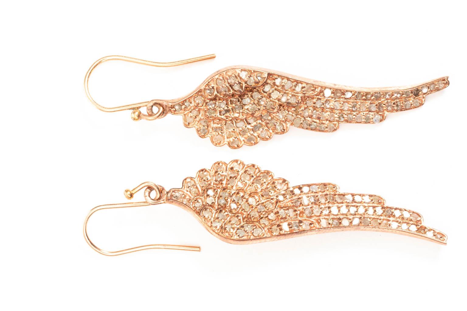 Matched pair of pink gold vermeil and pave rose cut diamond earrings on 14 karat pink gold ear wires in the Art Nouveau style. The piece also features pink gold plated sterling silver. Made in the United States by Katherine Wallach.