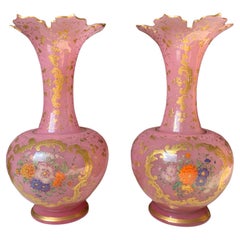Pair of Pink Bohemian Opaline Enamelled Glass Vases, 19th Century