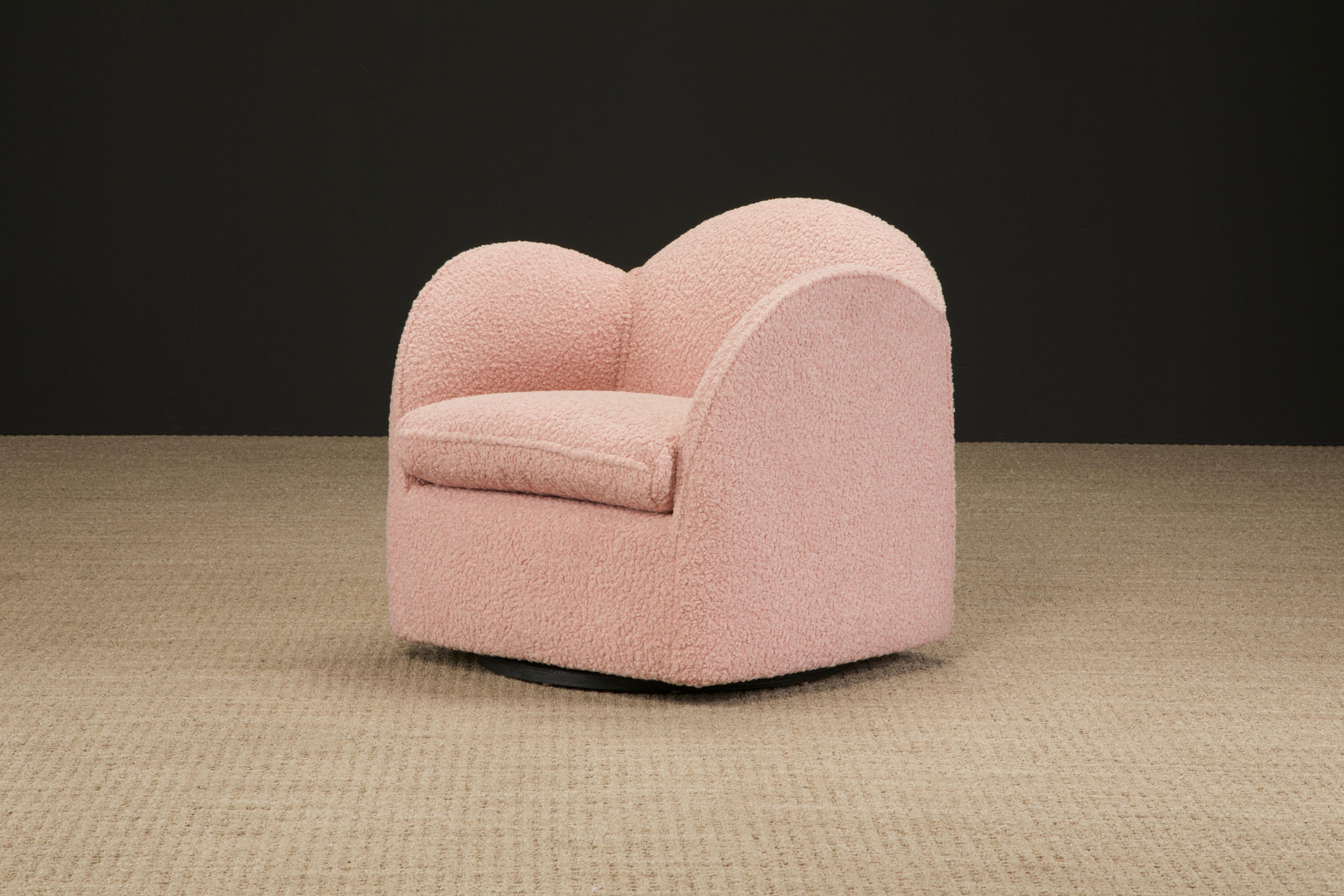 Pair of Pink Bouclé Post-Modern Swivel Club Chairs by Directional, 1980s, Signed 13