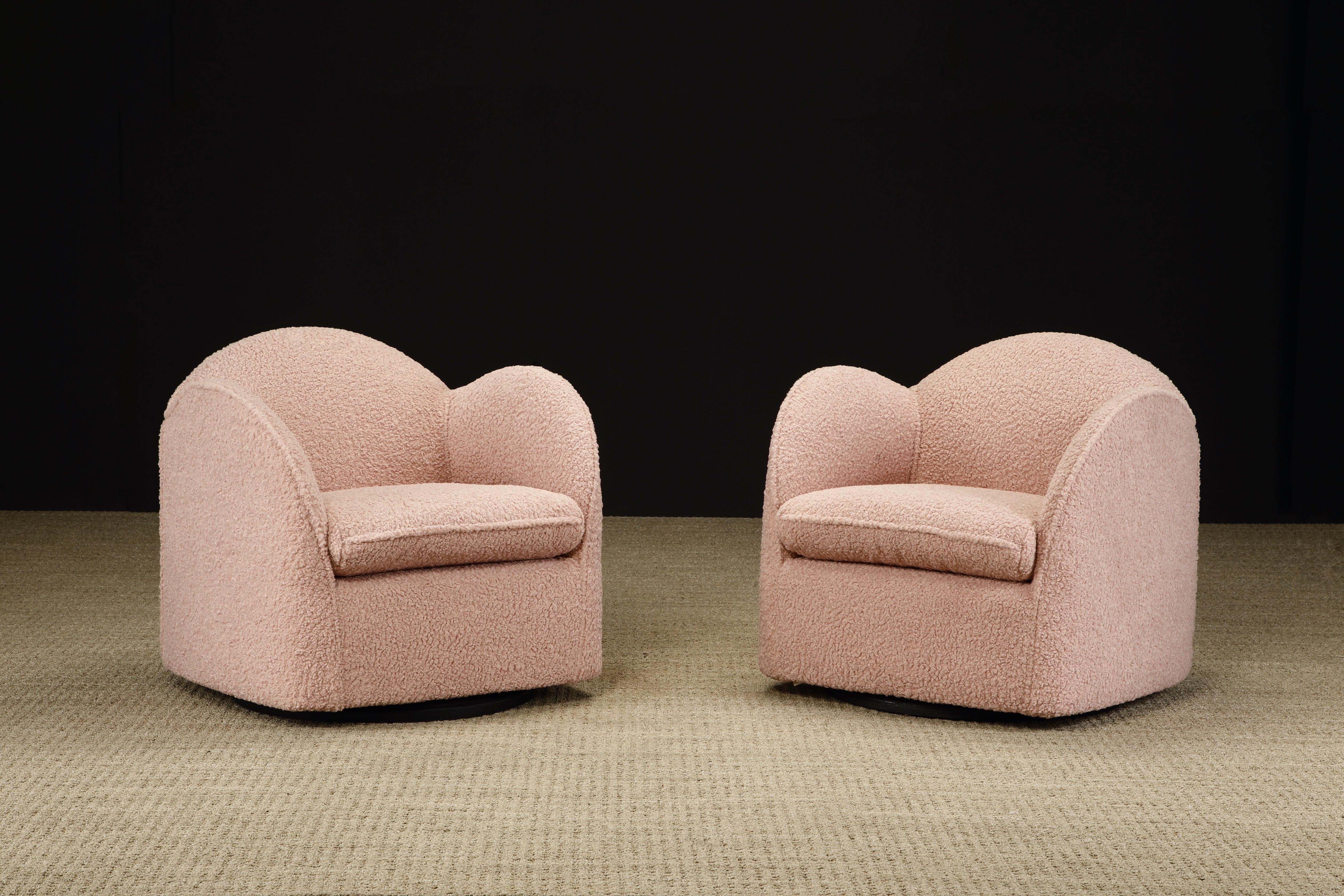 American Pair of Pink Bouclé Post-Modern Swivel Club Chairs by Directional, 1980s, Signed