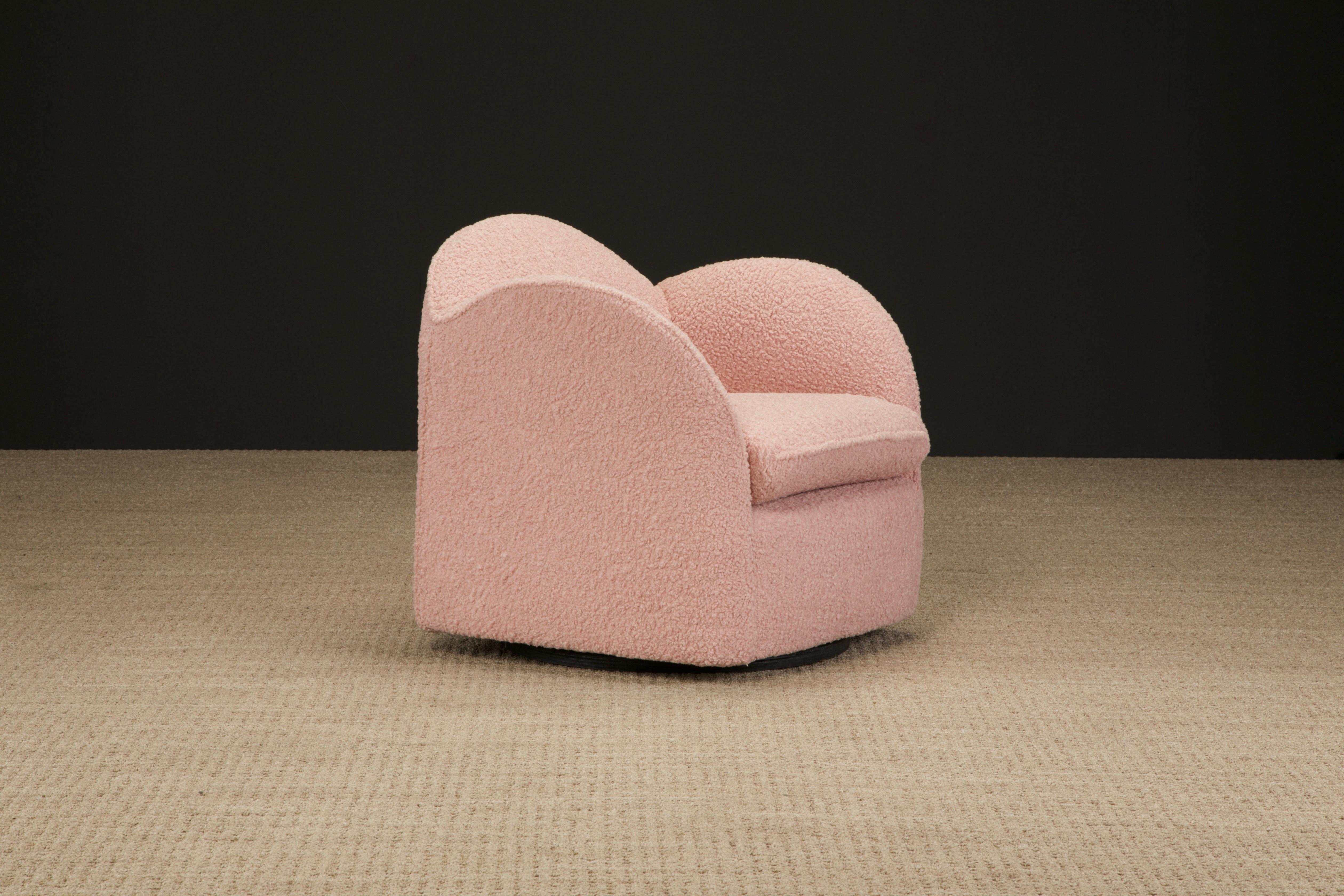 Pair of Pink Bouclé Post-Modern Swivel Club Chairs by Directional, 1980s, Signed 1