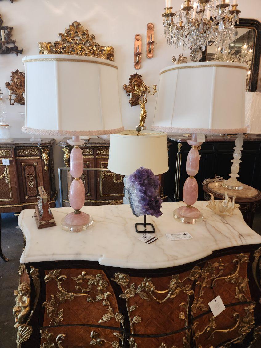 Beautiful Pair Of Pink Rock Crystal Table Lamps, Unique stile and US wired.
