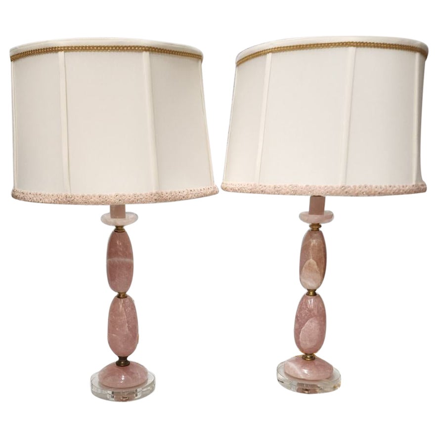 Pair Of Pink Brazilian Rock Crystal Table Lamps