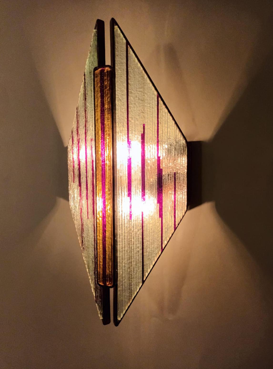 Murano Glass Pair of Pink Stripes Brutalist Sconces by Marino Poccetti For Sale