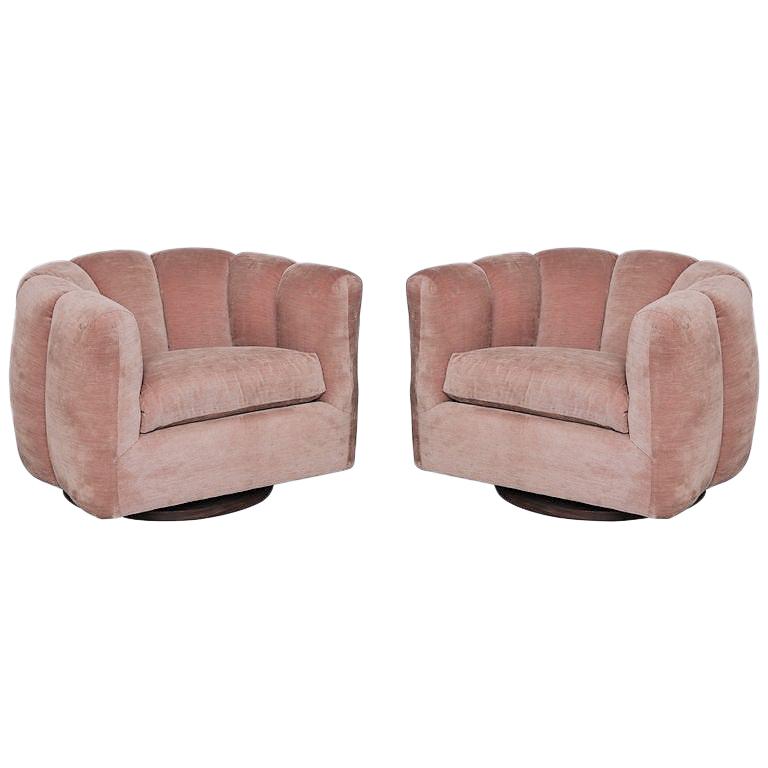 Pair of Pink Channel Back Swivel Club / Lounge Chairs by Milo Baughman