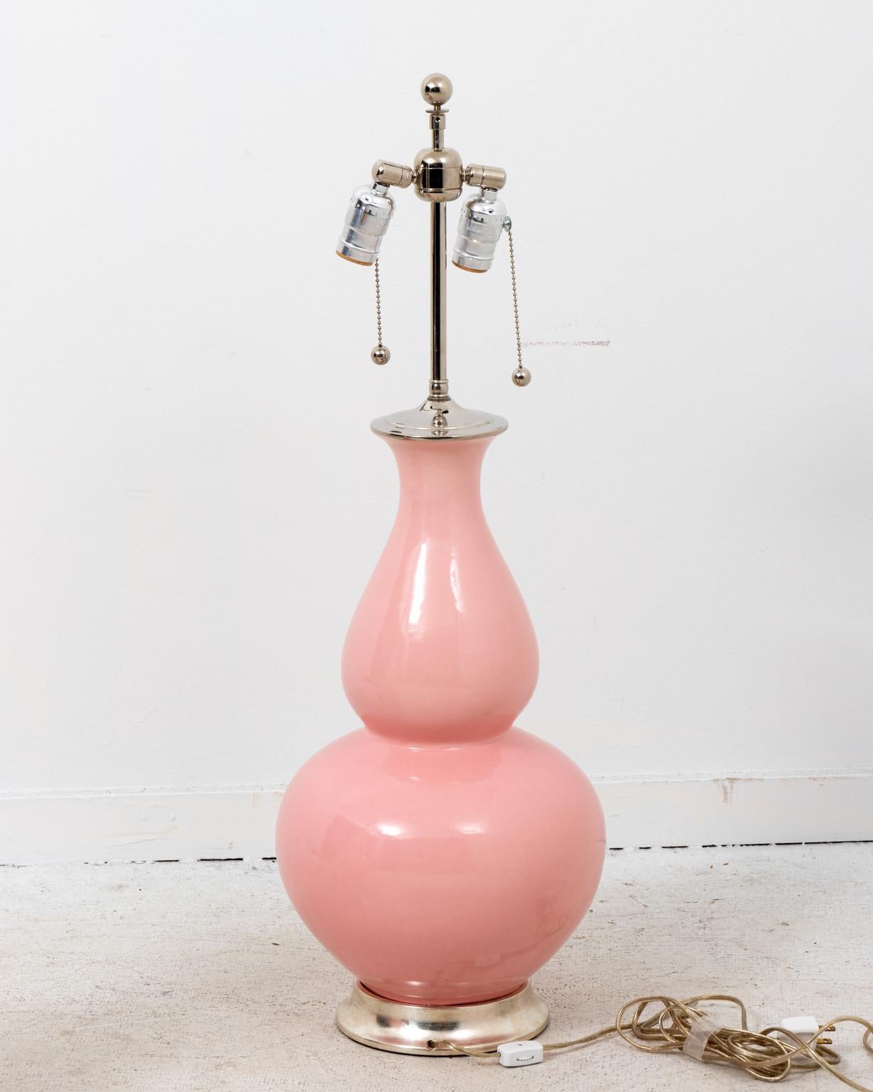 Contemporary pair of Christopher Spitzmiller Aurora shell pink table lamps with 25-karat white gold base and silver double socket cluster. Please note of wear consistent with age. Made in the United States. Shades not included. The lamp height is