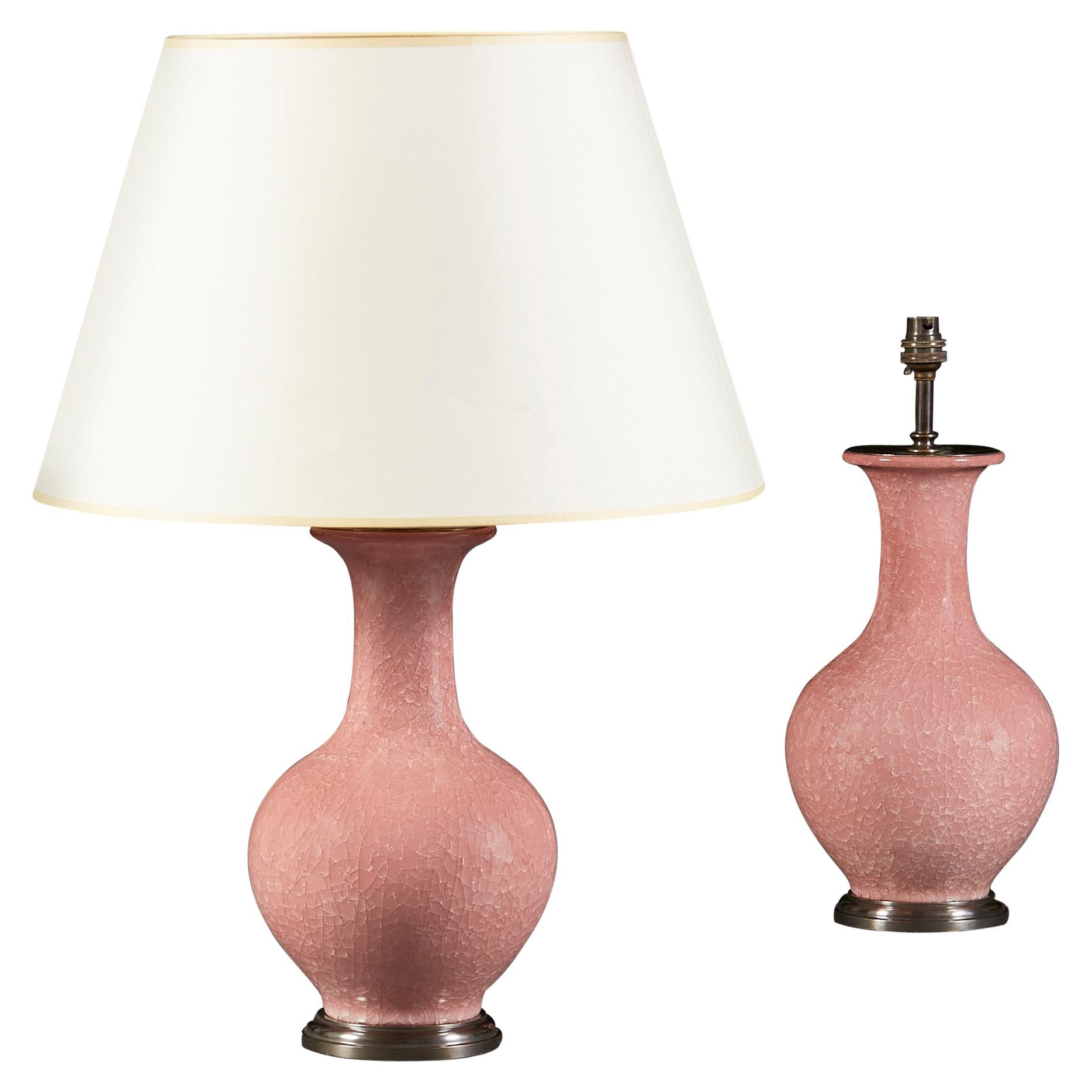 Pair of Pink Craquelure Glaze Vases as Table Lamps with Bronze Bases