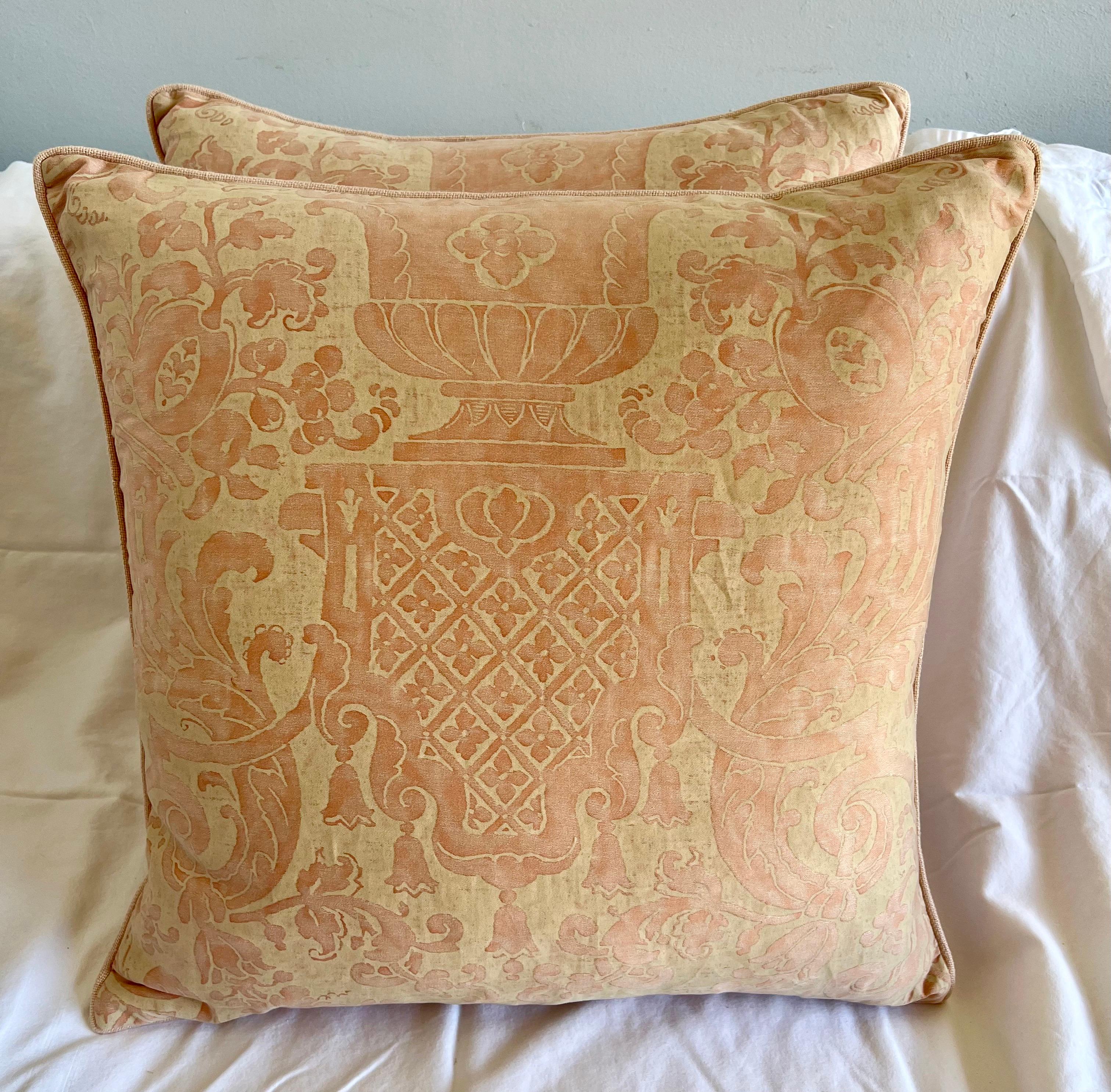 Pair of custom pillows made with vintage pink & cream Fortuny cotton fronts and cream colored velvet backs. Self cording, down inserts, sewn closed.