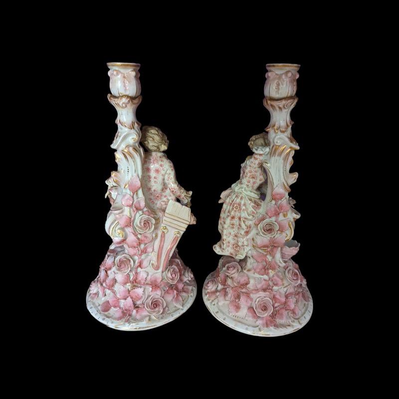 Rococo Pair Of Pink Floral Figural Sitzendorf Candle Holders