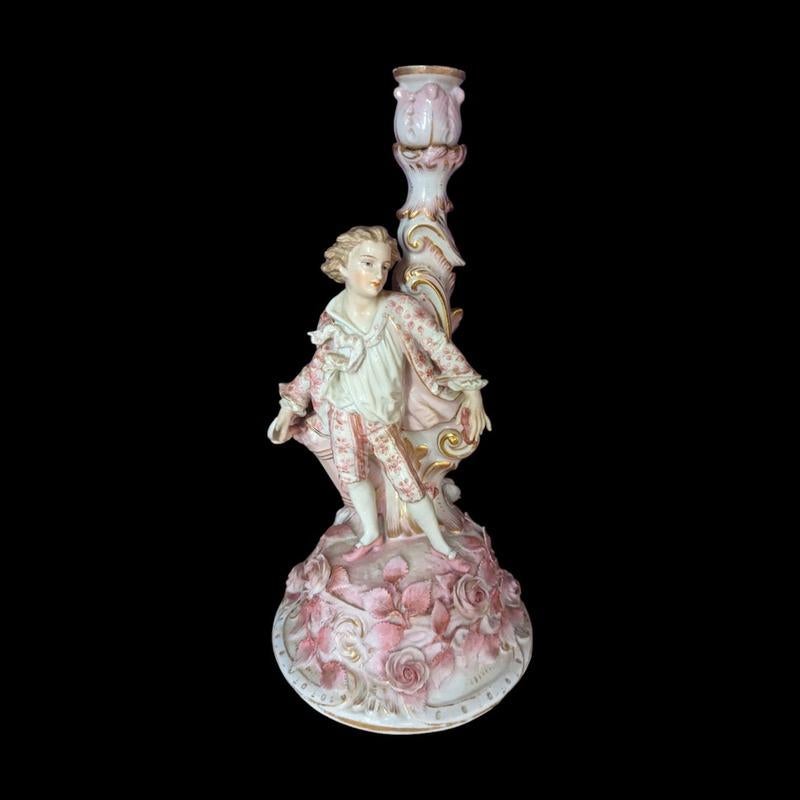 German Pair Of Pink Floral Figural Sitzendorf Candle Holders