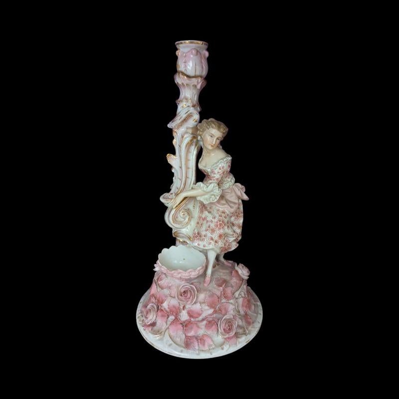 Gilt Pair Of Pink Floral Figural Sitzendorf Candle Holders