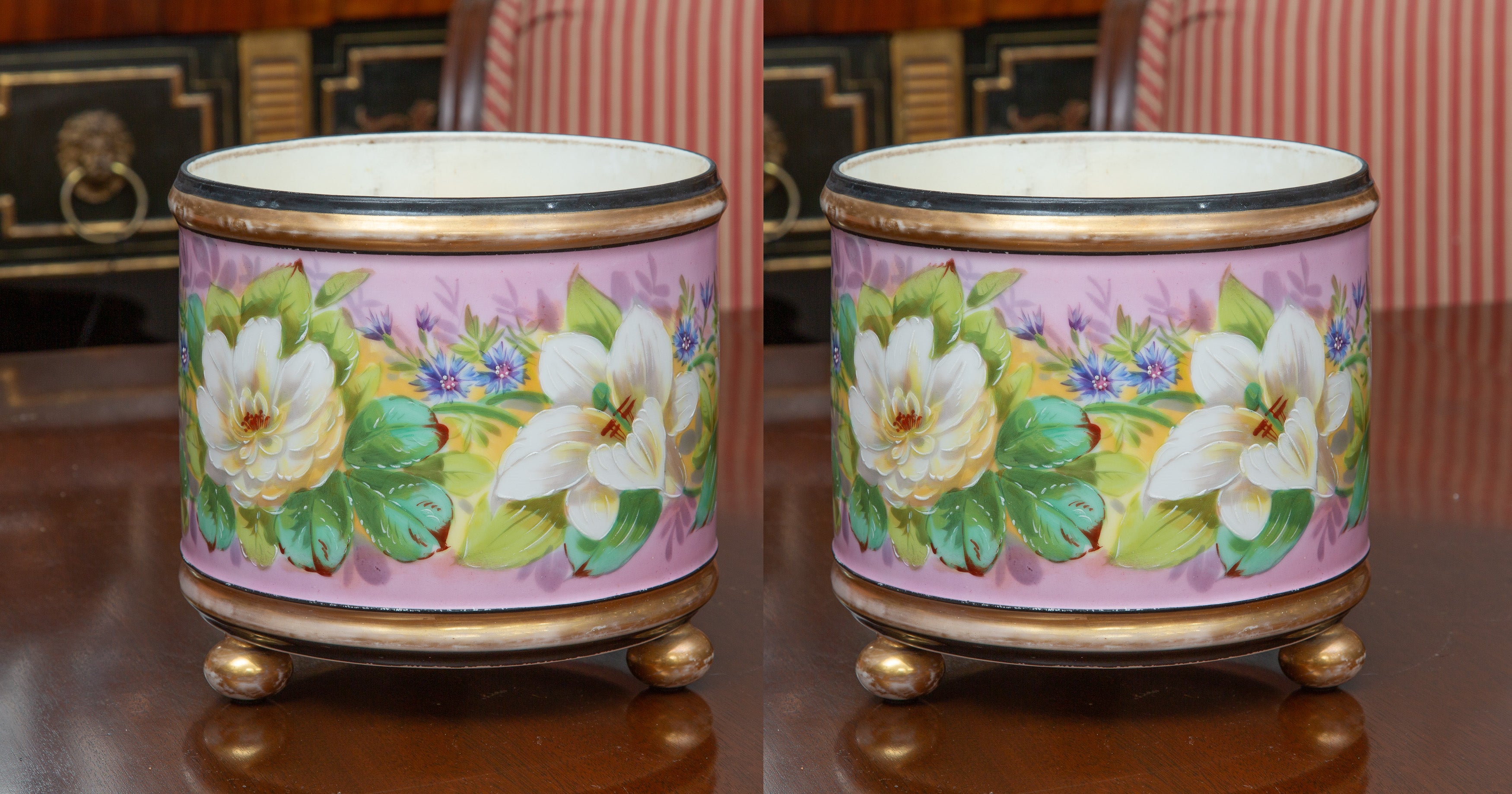 Soft and sophisticated French cache' pots. Soft pink background with a floral design. 19th century.
