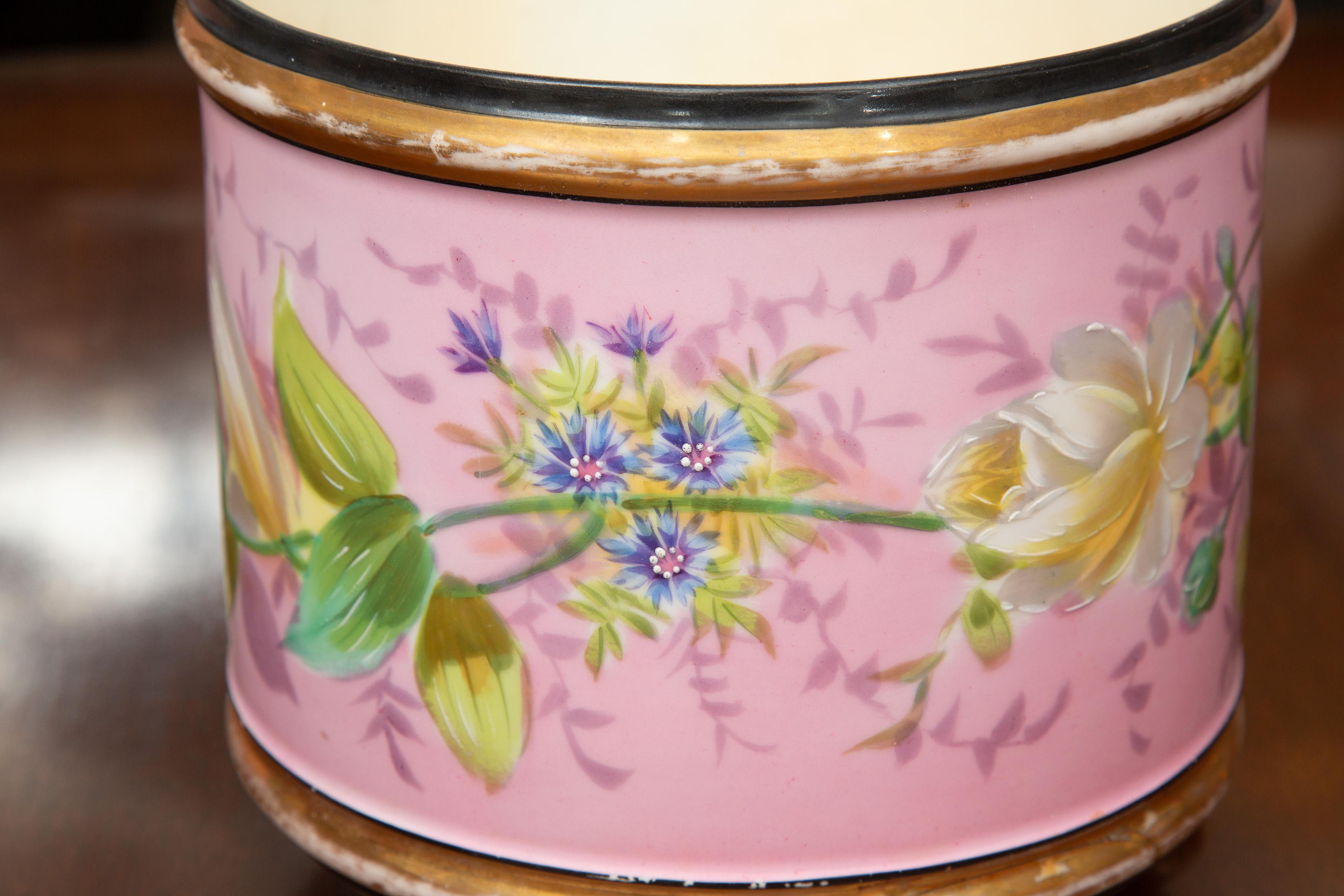 Hand-Painted Pair of Pink Floral French Cache Pots