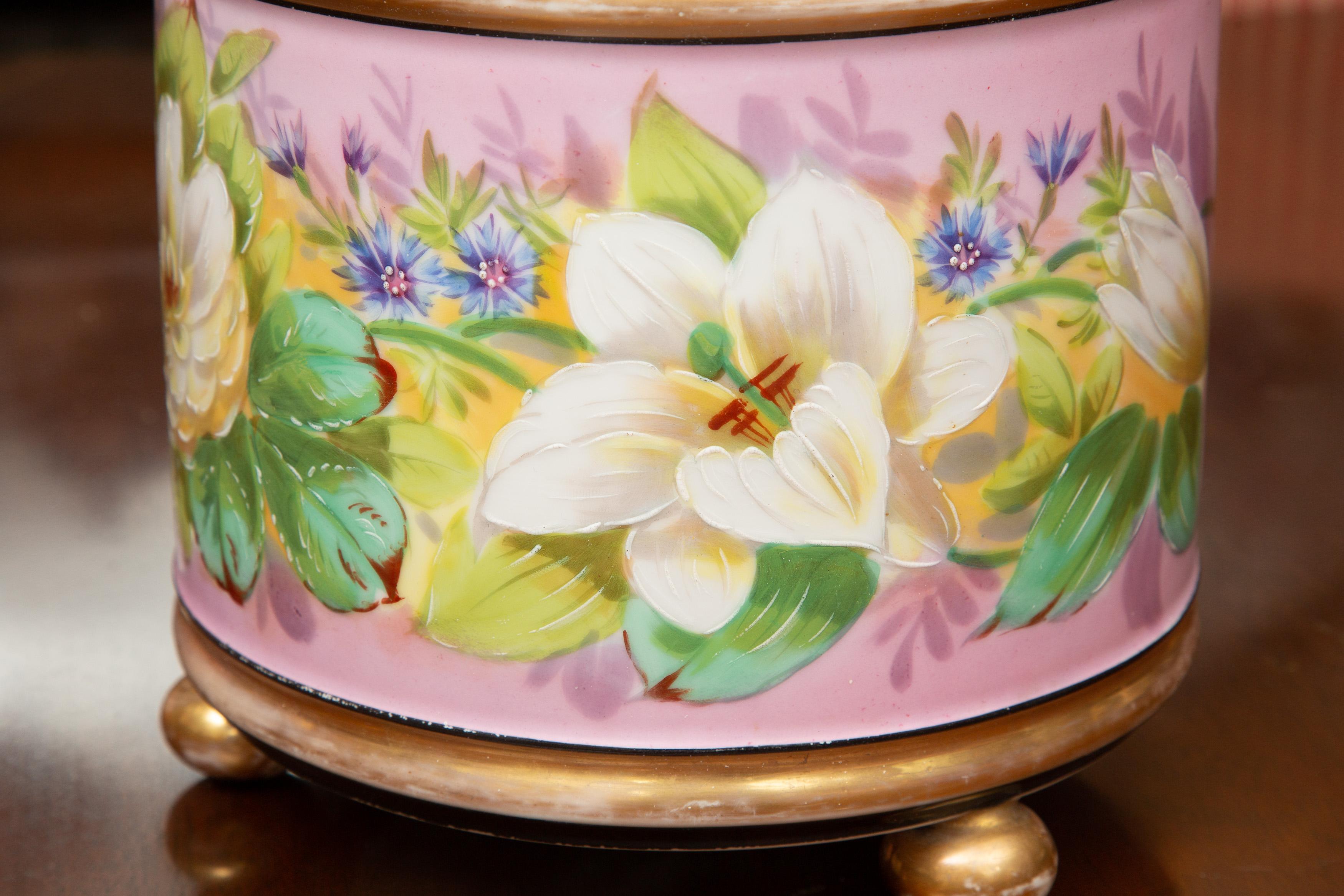 19th Century Pair of Pink Floral French Cache Pots