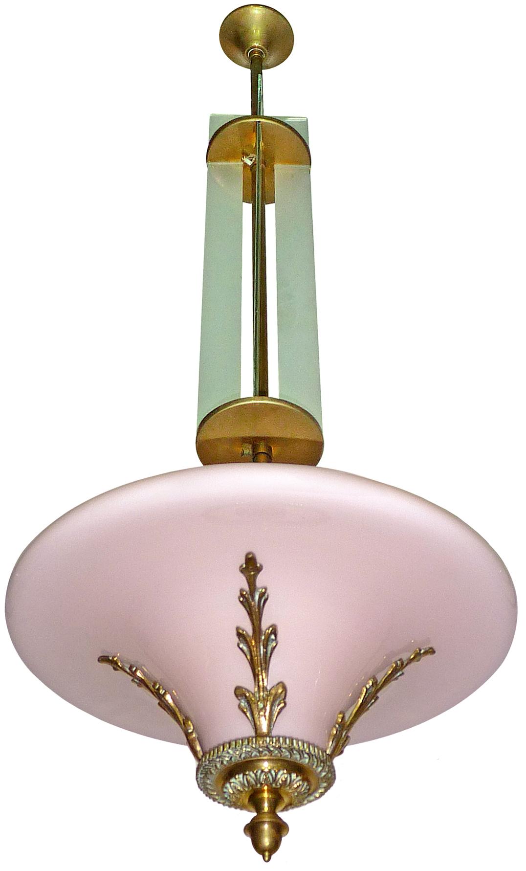 Antique pink French Art Deco or Art Nouveau bronze and opaline glass hanging chandelier in the style of Petitot with four frosted glass strips each.
Beautiful age patina
Measures:
Diameter 15 in / 36 cm
Height 36 in / 90 cm
Weight 7 lb. (3