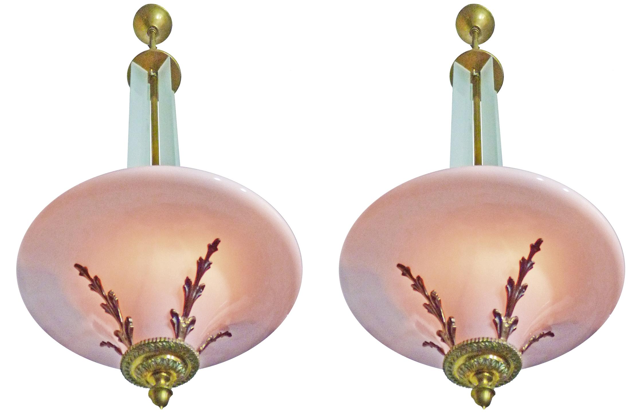 20th Century Pair of Pink French Art Deco Art Nouveau Bronze Opaline Glass Hanging Chandelier