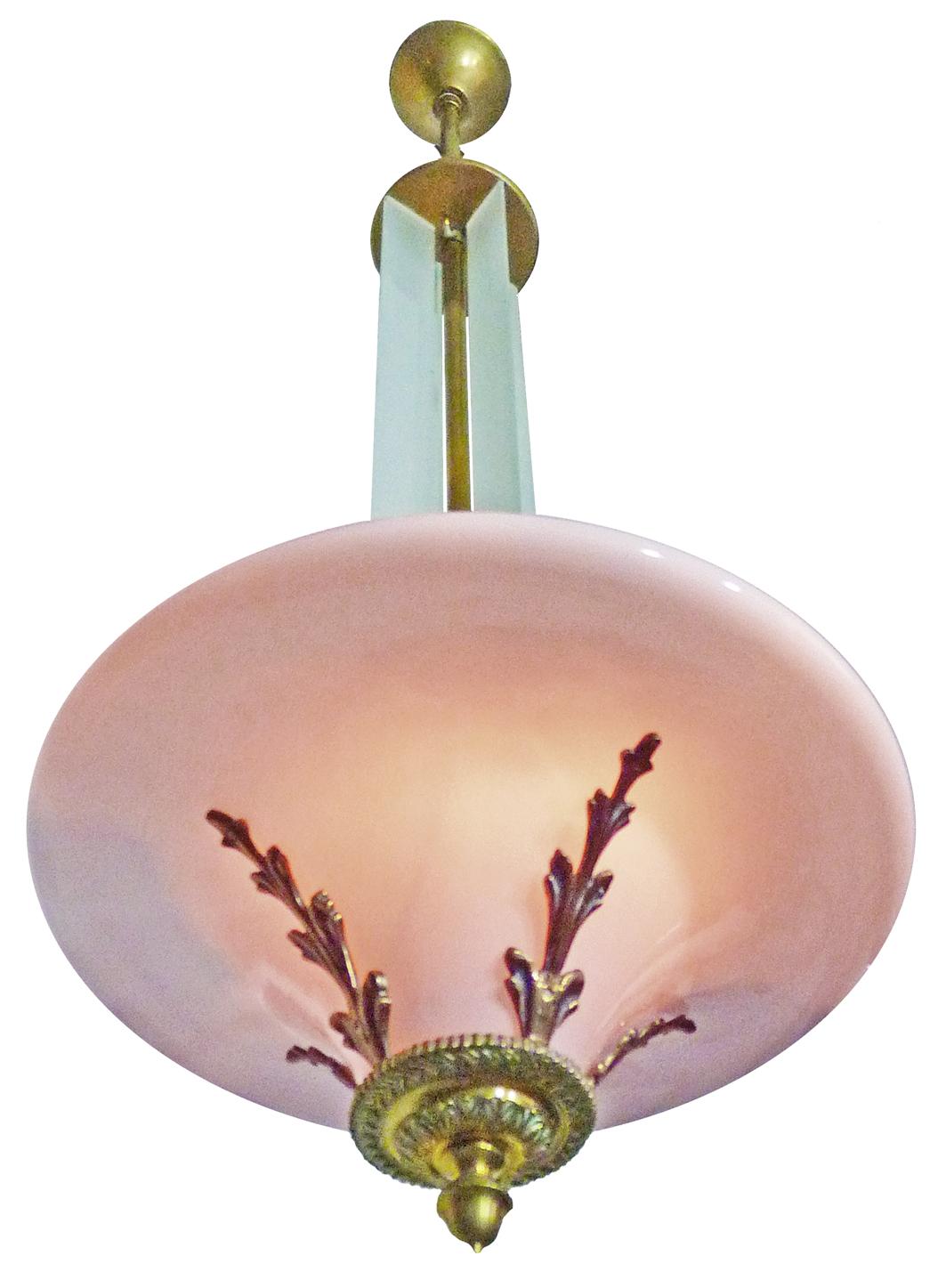 Brass Pair of Pink French Art Deco Art Nouveau Bronze Opaline Glass Hanging Chandelier