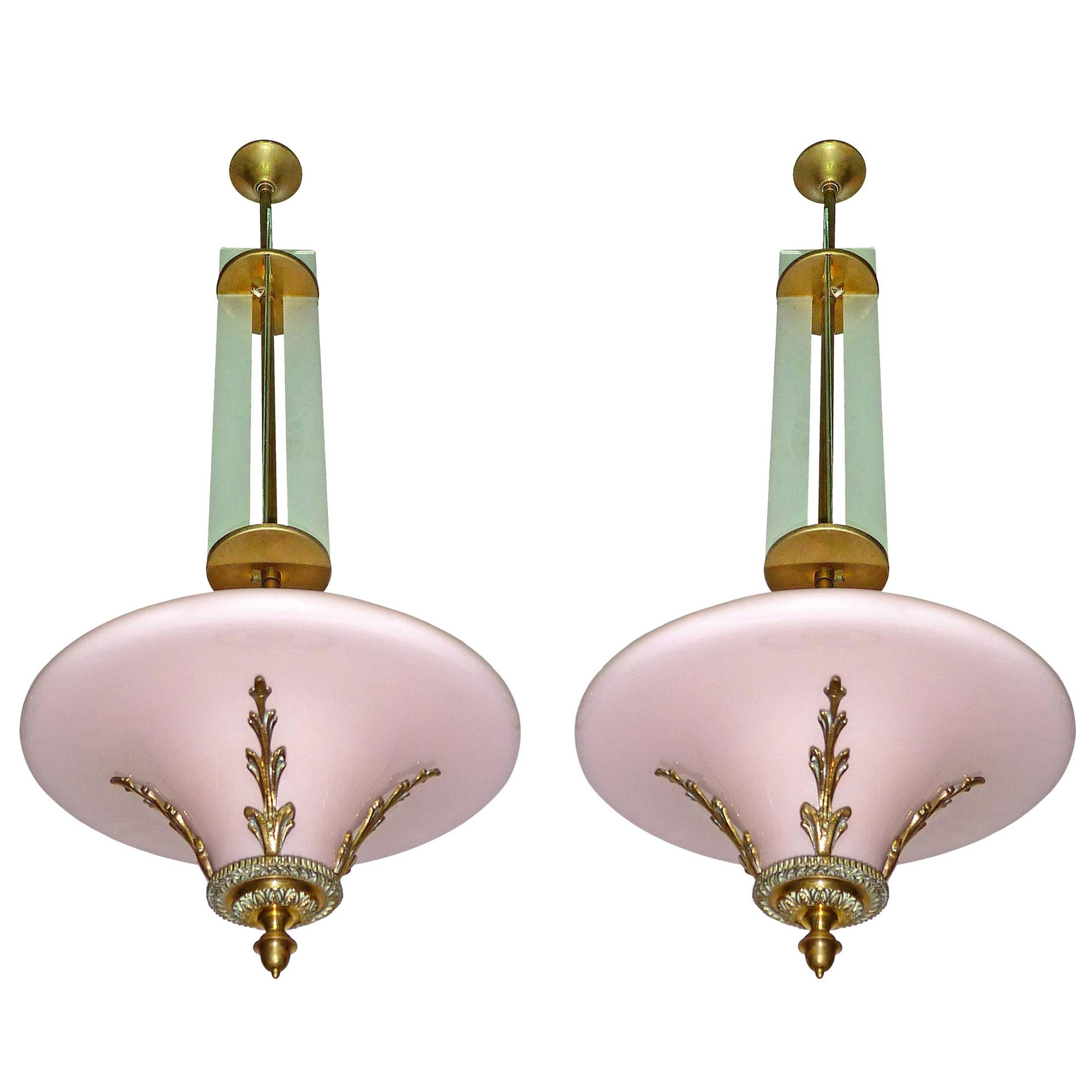 Pair of Pink French Art Deco Art Nouveau Bronze Opaline Glass Hanging Chandelier