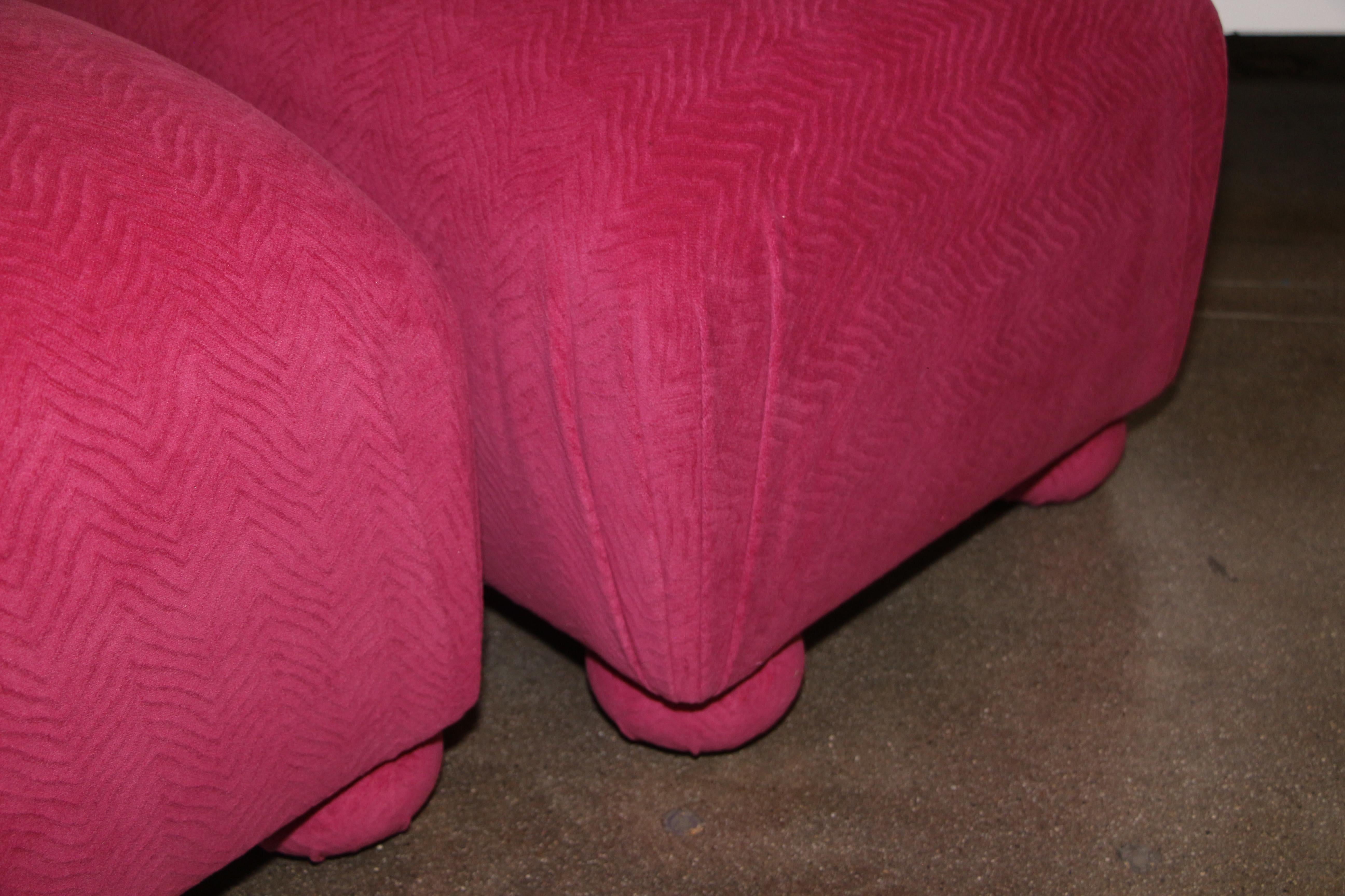 American Pair Pink Fuschia Wool Mohair Covered Ottomans