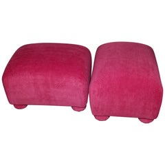 Pair Pink Fuschia Wool Mohair Covered Ottomans