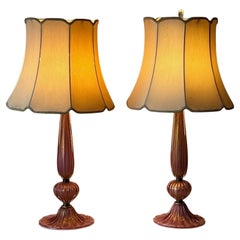 Pair of Pink Glass Murano Lamps with Gold Flecks