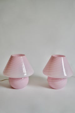 Pair of Pink Glass Swirl Murano Mushroom Table Lamps, 1970s
